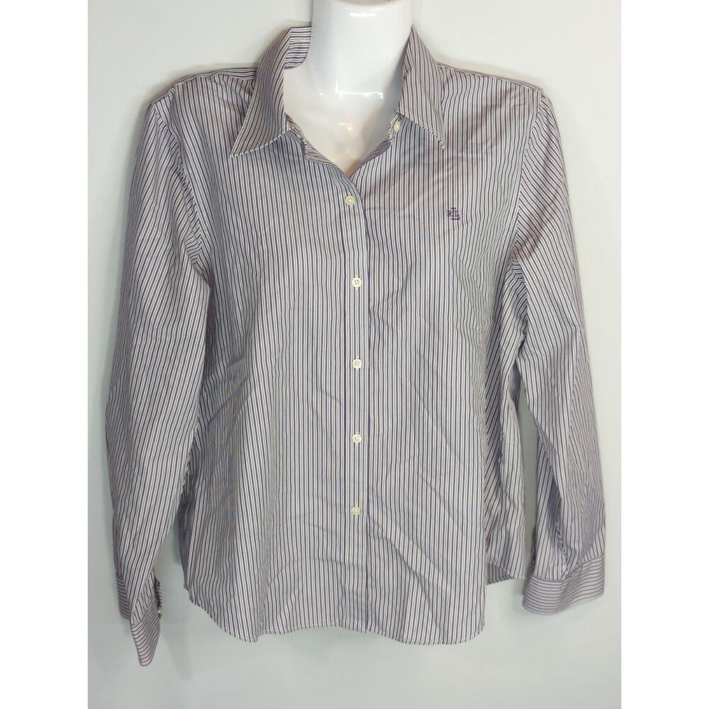 Lauren Ralph Lauren Purple White Stripe Non Iron Shirt Womens PL Cotton Preppy